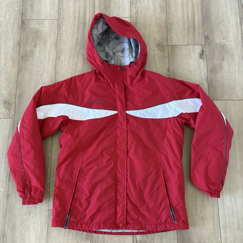 Columbia Red White Ski Jacket Womens Large Hooded Winter Coat